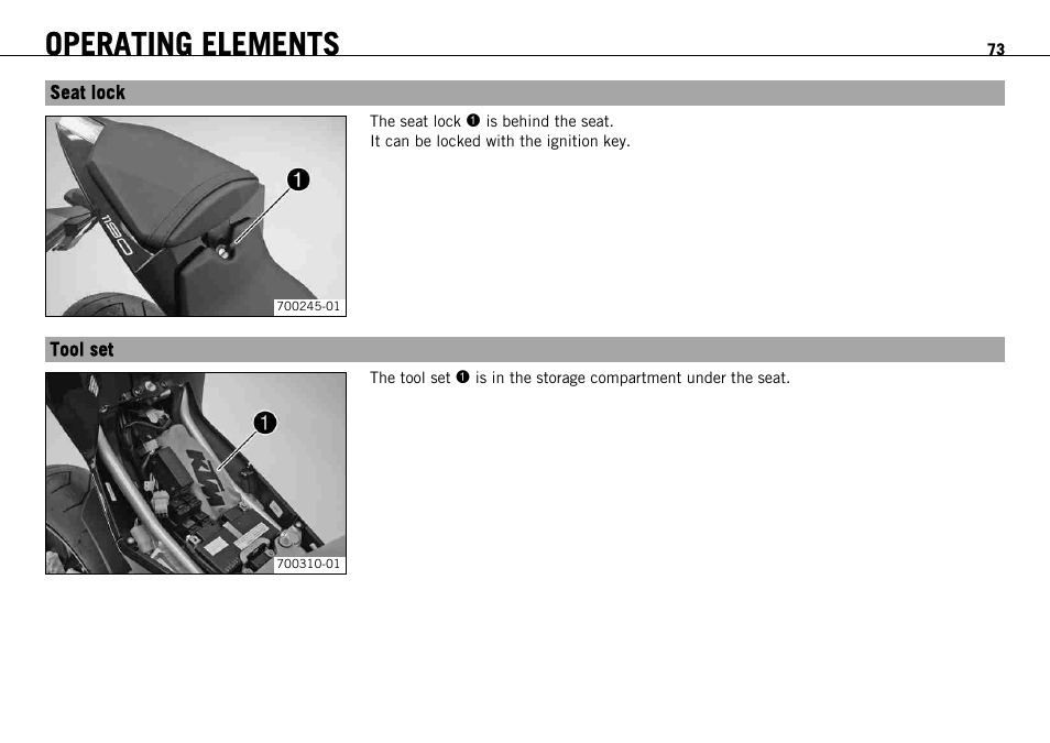 Seat lock, Tool set, Seat lock tool set | Operating elements | KTM 1190 RC8 FR User Manual | Page 75 / 234