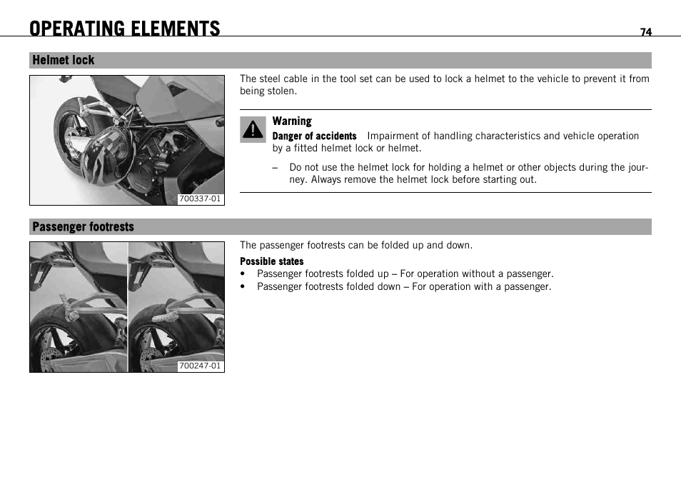 Helmet lock, Passenger footrests, Helmet lock passenger footrests | Operating elements | KTM 1190 RC8 FR User Manual | Page 76 / 234
