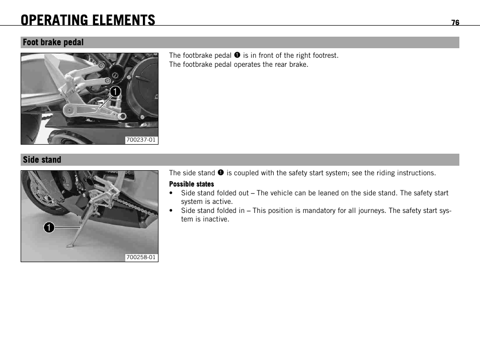Foot brake pedal, Side stand, Foot brake pedal side stand | Operating elements | KTM 1190 RC8 FR User Manual | Page 78 / 234