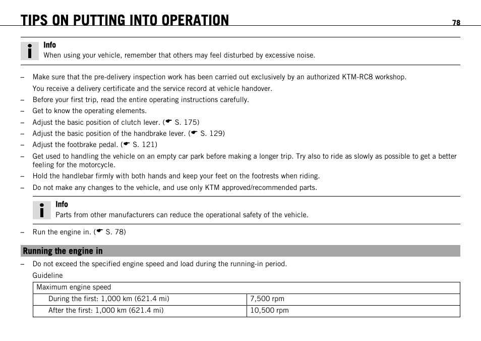 Running the engine in, Tips on putting into operation | KTM 1190 RC8 FR User Manual | Page 80 / 234