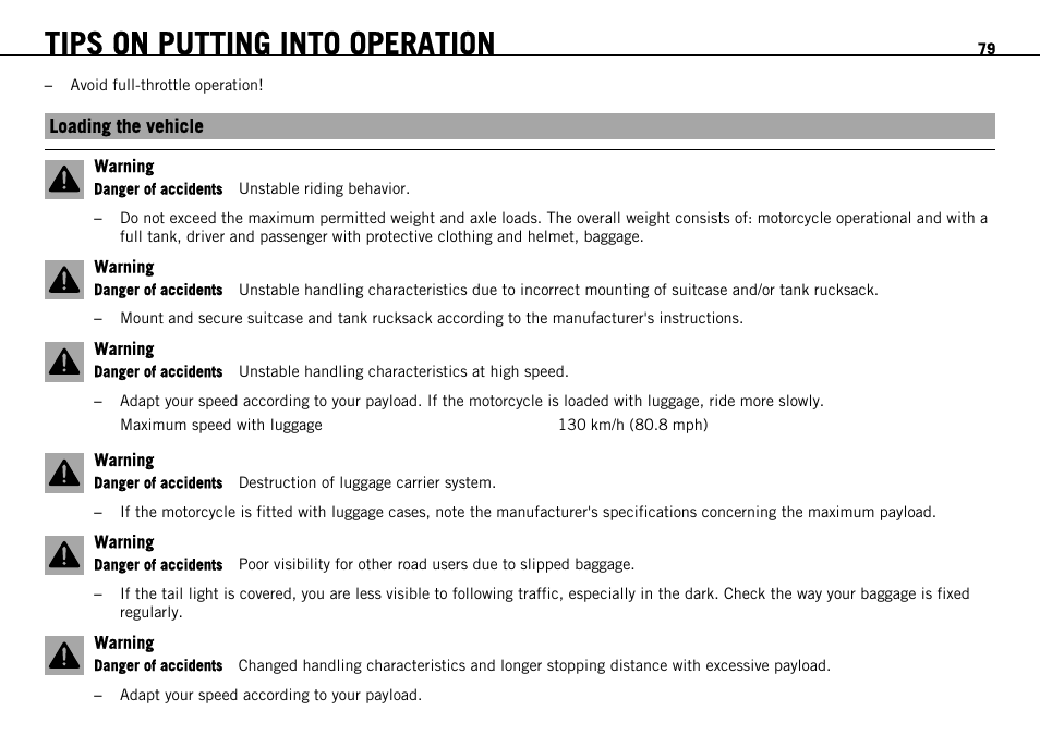 Loading the vehicle, Tips on putting into operation | KTM 1190 RC8 FR User Manual | Page 81 / 234
