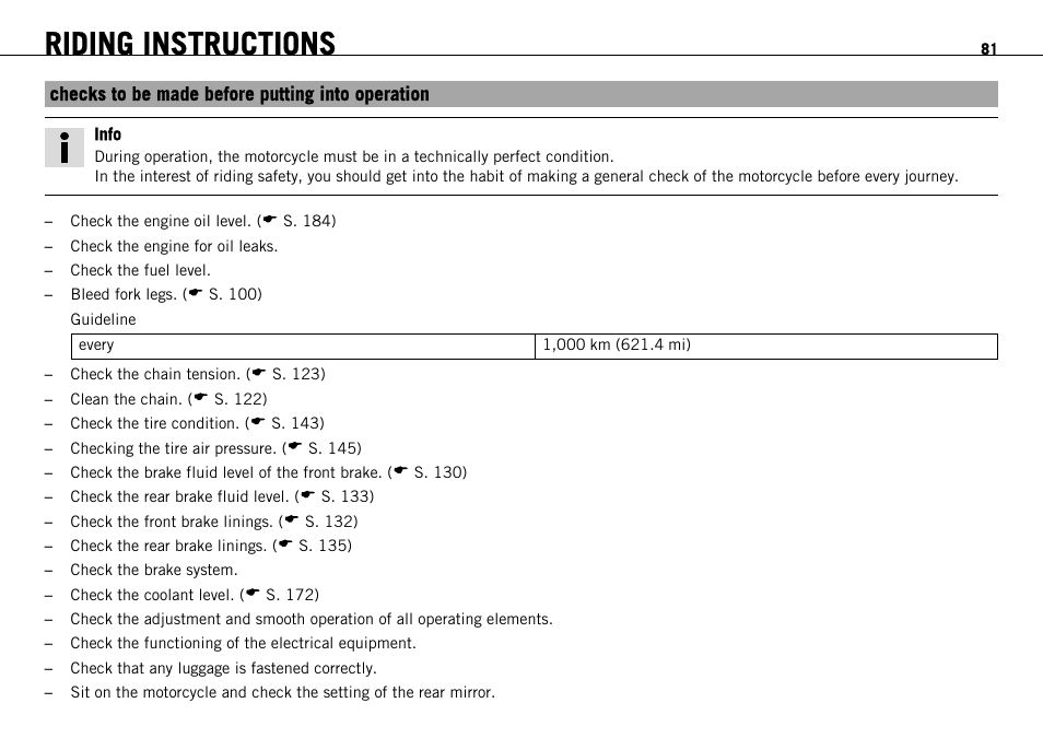 Riding instructions, Checks to be made before putting into operation | KTM 1190 RC8 FR User Manual | Page 83 / 234