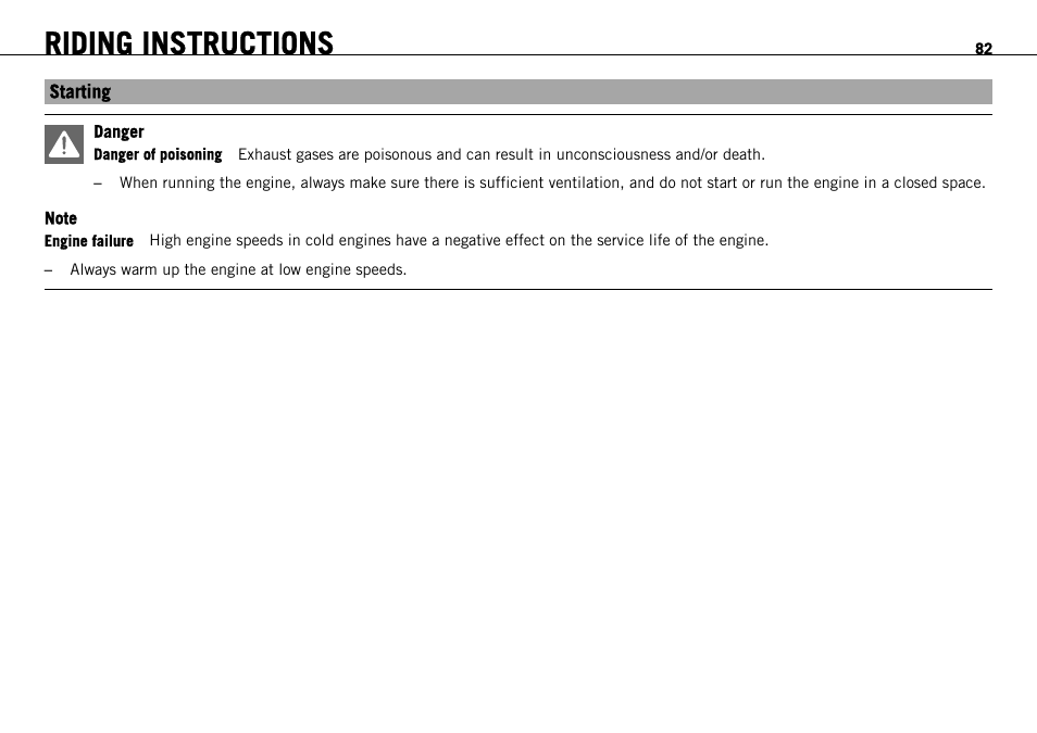 Starting, Riding instructions | KTM 1190 RC8 FR User Manual | Page 84 / 234