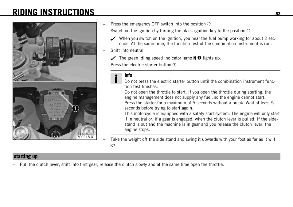 Starting up, Riding instructions | KTM 1190 RC8 FR User Manual | Page 85 / 234