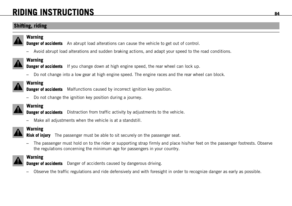 Shifting, riding, Riding instructions | KTM 1190 RC8 FR User Manual | Page 86 / 234