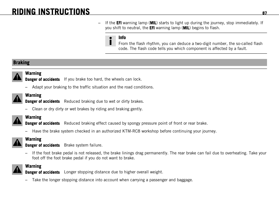 Braking, Riding instructions | KTM 1190 RC8 FR User Manual | Page 89 / 234