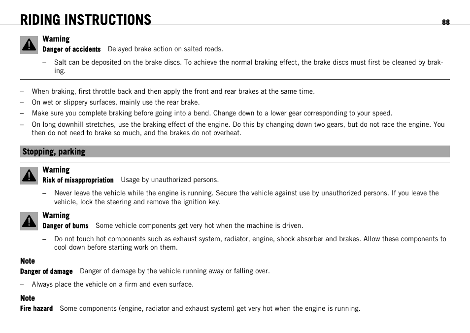 Stopping, parking, Riding instructions | KTM 1190 RC8 FR User Manual | Page 90 / 234