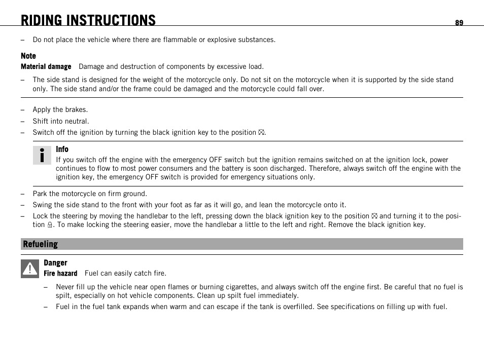 Refueling, Riding instructions | KTM 1190 RC8 FR User Manual | Page 91 / 234