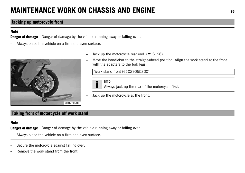 Maintenance work on chassis and engine, Jacking up motorcycle front, Taking front of motorcycle off work stand | KTM 1190 RC8 FR User Manual | Page 97 / 234