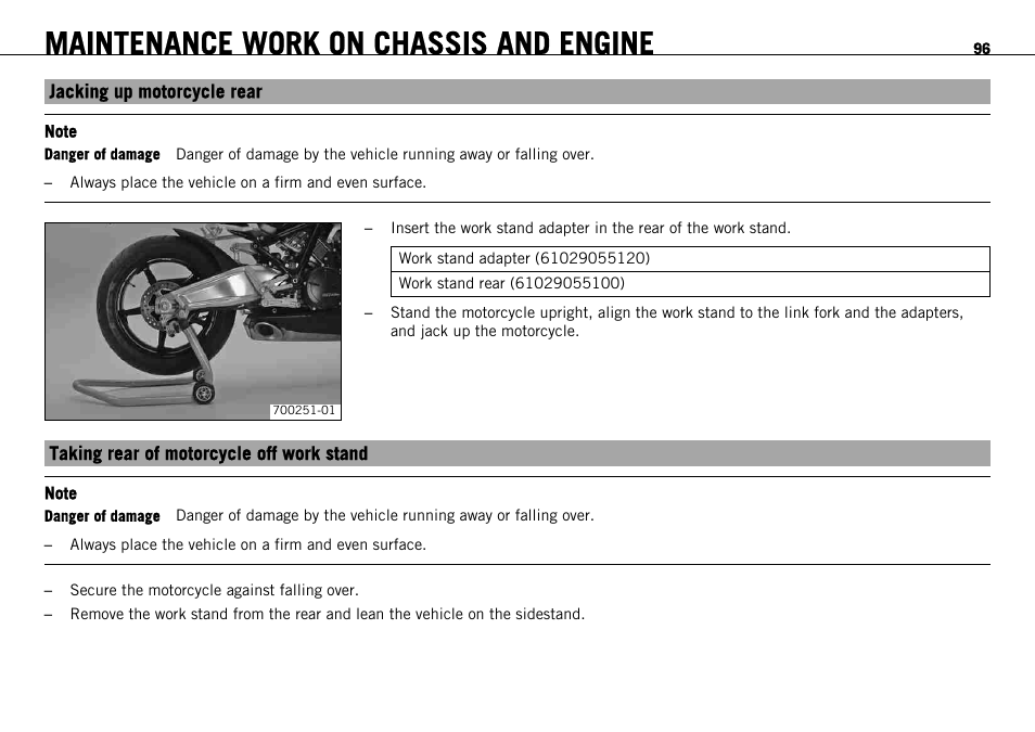 Jacking up motorcycle rear, Taking rear of motorcycle off work stand, Maintenance work on chassis and engine | KTM 1190 RC8 FR User Manual | Page 98 / 234