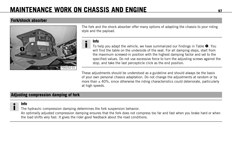 Fork/shock absorber, Adjusting compression damping of fork, Maintenance work on chassis and engine | KTM 1190 RC8 FR User Manual | Page 99 / 234