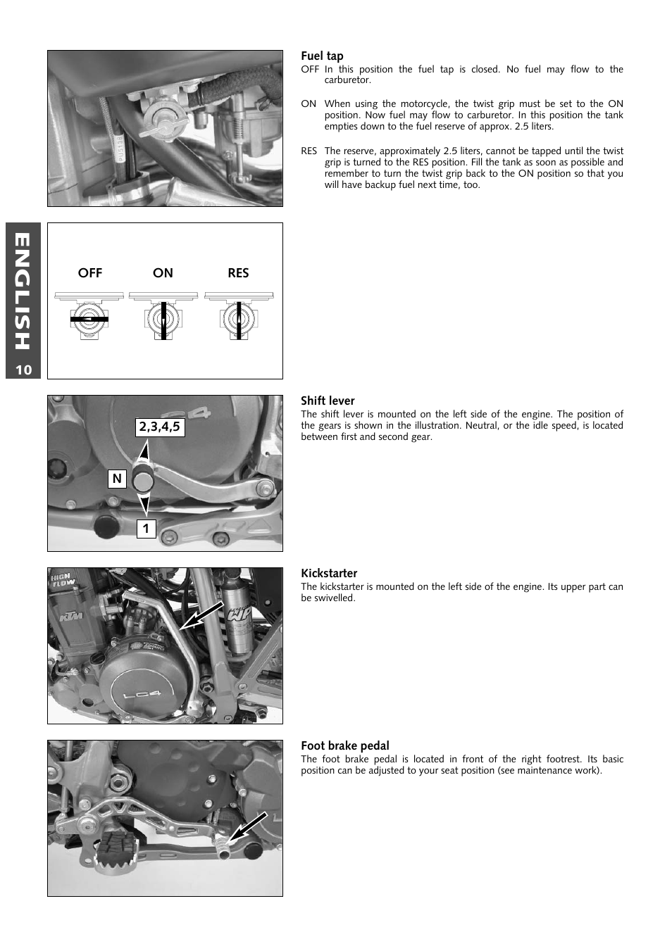 English, Off on res, Fuel tap | Shift lever, Kickstarter, Foot brake pedal | KTM 640 LC4 ENDURO User Manual | Page 11 / 50