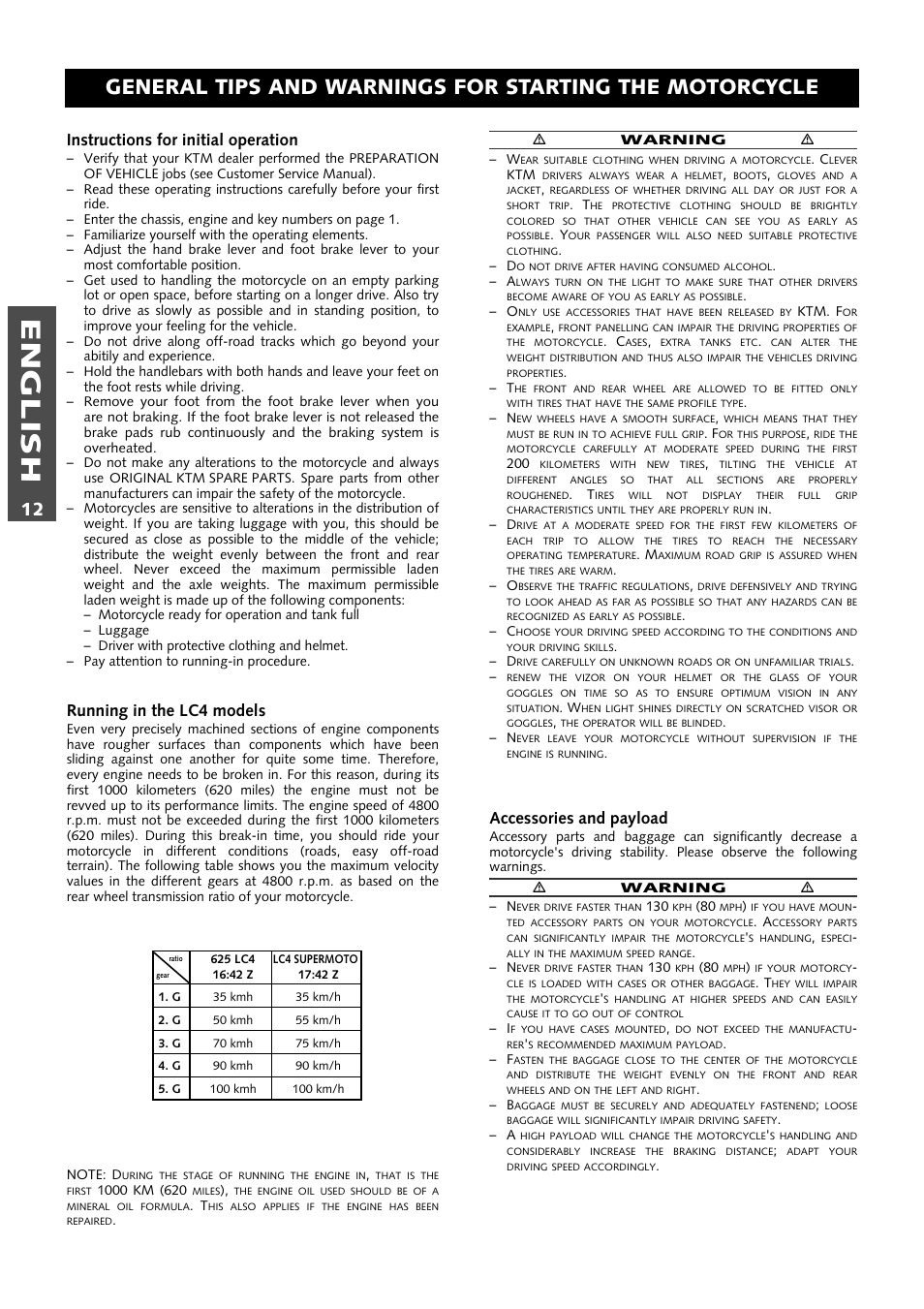 English, Instructions for initial operation, Running in the lc4 models | Accessories and payload | KTM 640 LC4 ENDURO User Manual | Page 13 / 50