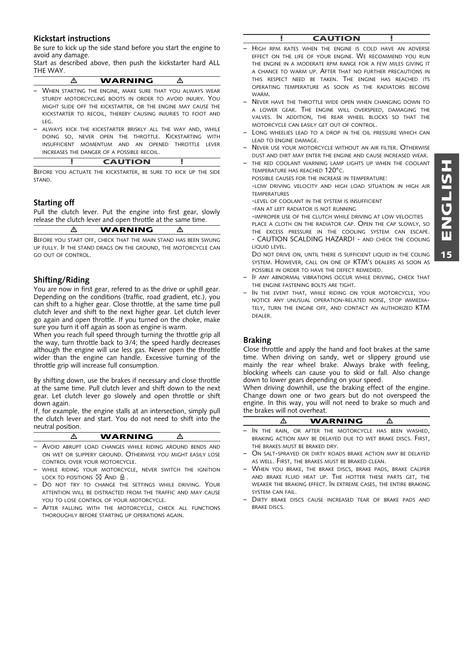 English, Kickstart instructions, Starting off | Shifting/riding, Braking | KTM 640 LC4 ENDURO User Manual | Page 16 / 50