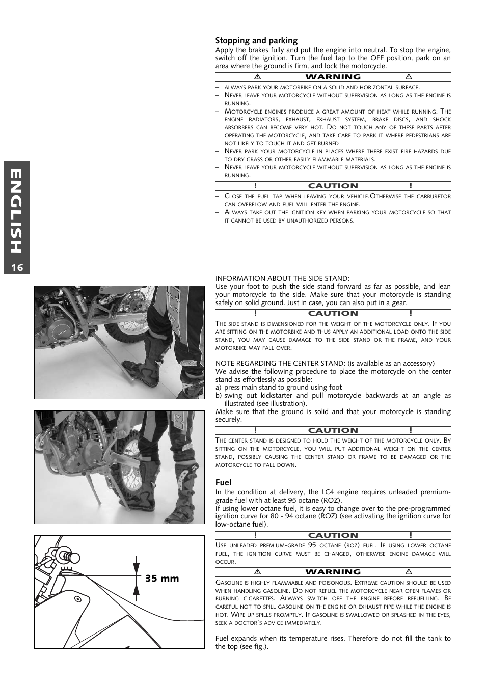 English, 35 mm, Stopping and parking | Fuel | KTM 640 LC4 ENDURO User Manual | Page 17 / 50