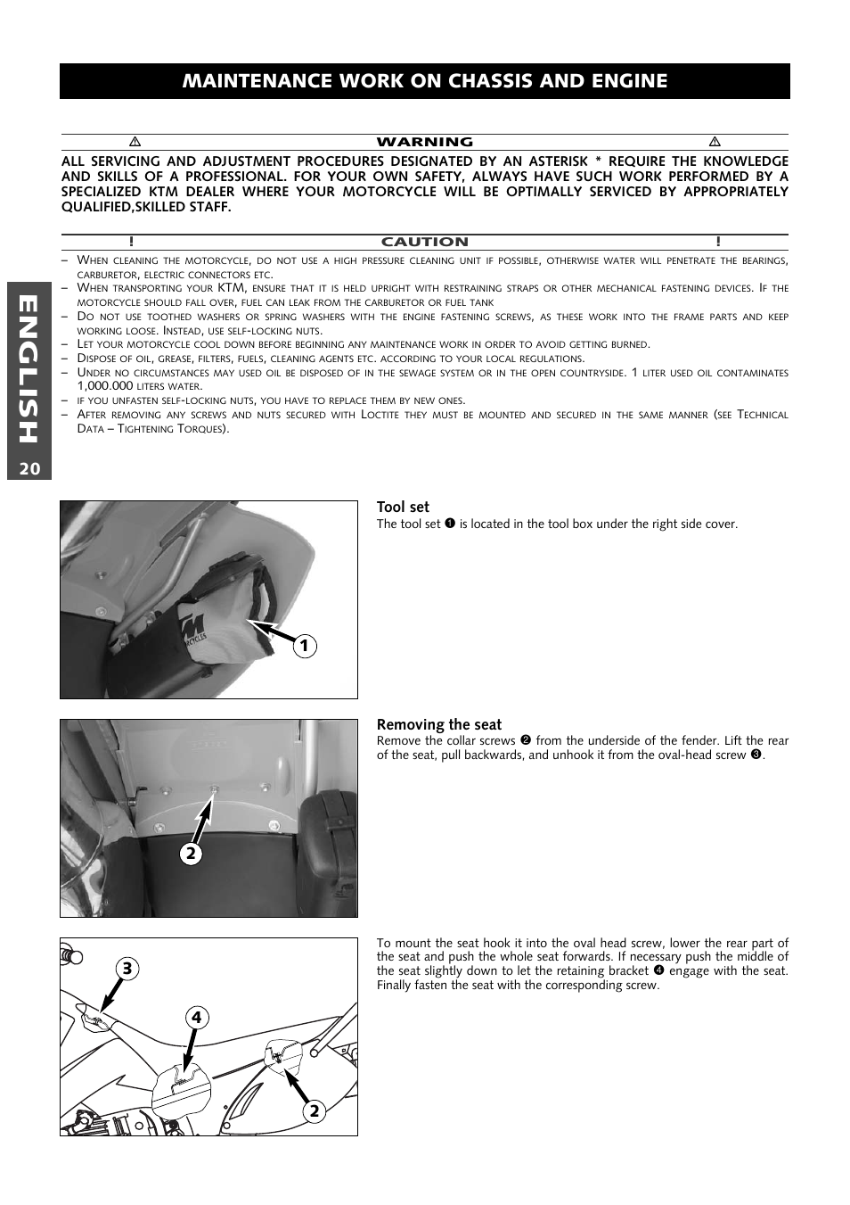 English, Maintenance work on chassis and engine, Tool set | Removing the seat | KTM 640 LC4 ENDURO User Manual | Page 21 / 50