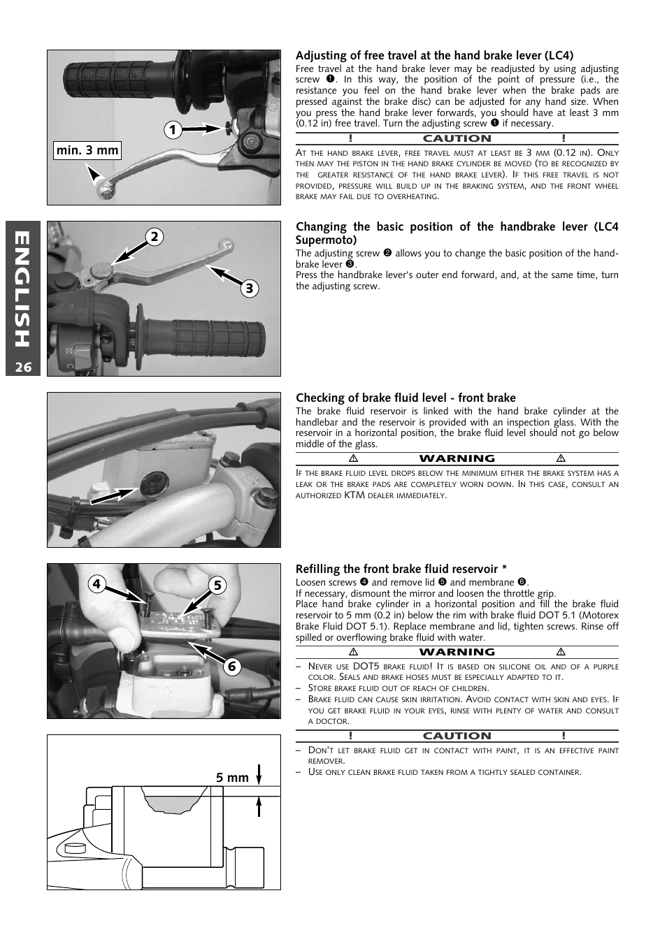 English, Checking of brake fluid level - front brake, Refilling the front brake fluid reservoir | KTM 640 LC4 ENDURO User Manual | Page 27 / 50