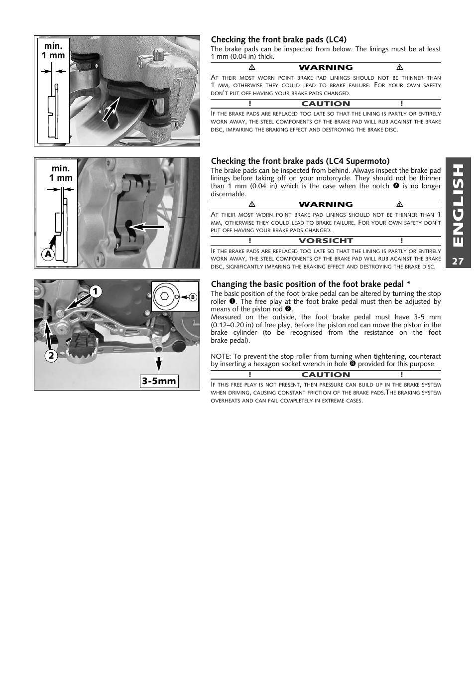 English, Min. 1 mm a, Checking the front brake pads (lc4) | Checking the front brake pads (lc4 supermoto) | KTM 640 LC4 ENDURO User Manual | Page 28 / 50