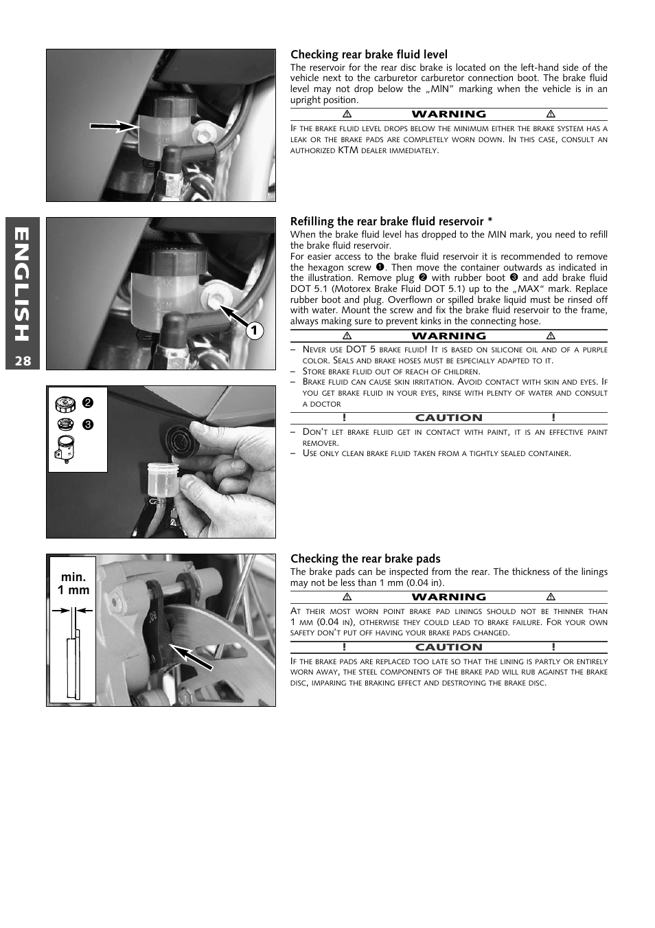 English, Min. 1 mm 1, Checking rear brake fluid level | Refilling the rear brake fluid reservoir, Checking the rear brake pads | KTM 640 LC4 ENDURO User Manual | Page 29 / 50