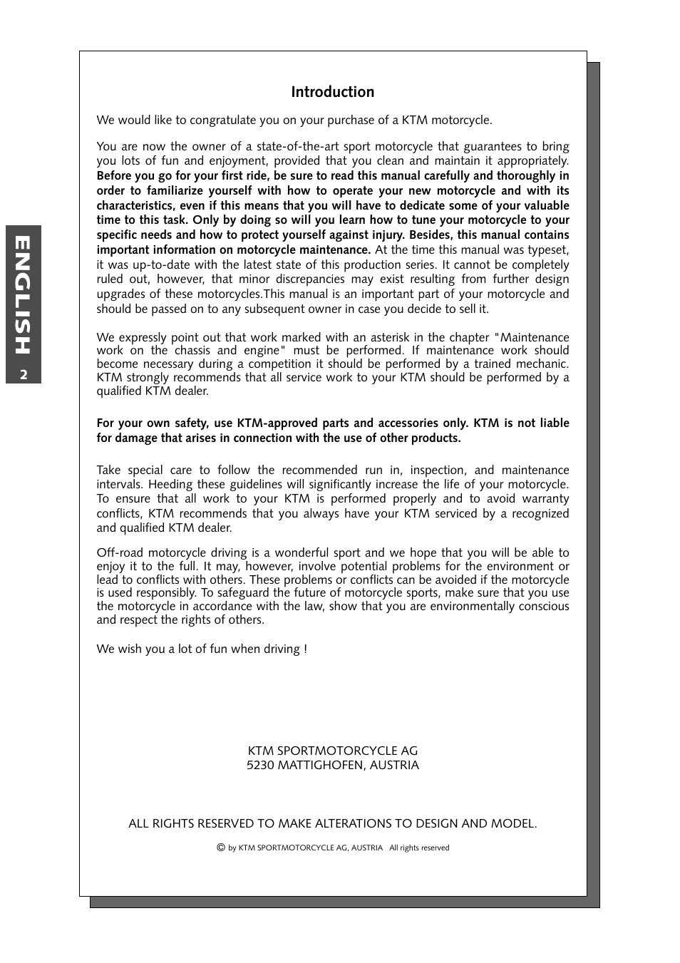 English, Introduction | KTM 640 LC4 ENDURO User Manual | Page 3 / 50