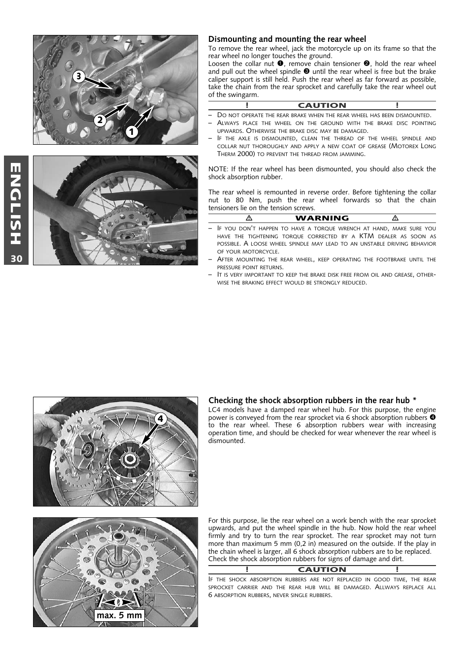 English, Dismounting and mounting the rear wheel | KTM 640 LC4 ENDURO User Manual | Page 31 / 50