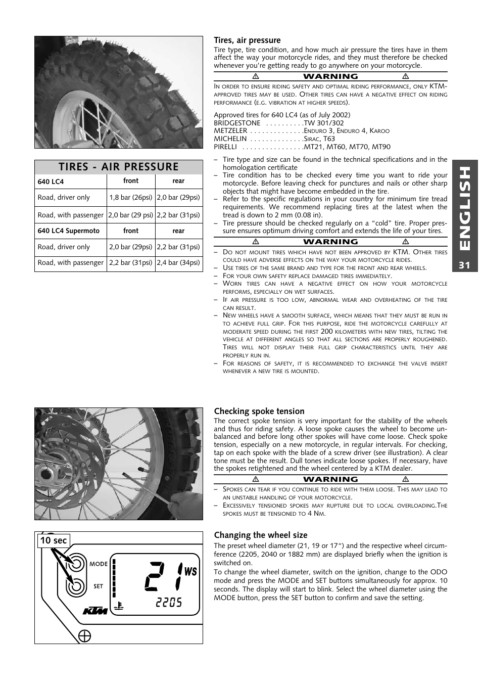English, Tires - air pressure, 10 sec | Tires, air pressure, Checking spoke tension, Changing the wheel size | KTM 640 LC4 ENDURO User Manual | Page 32 / 50