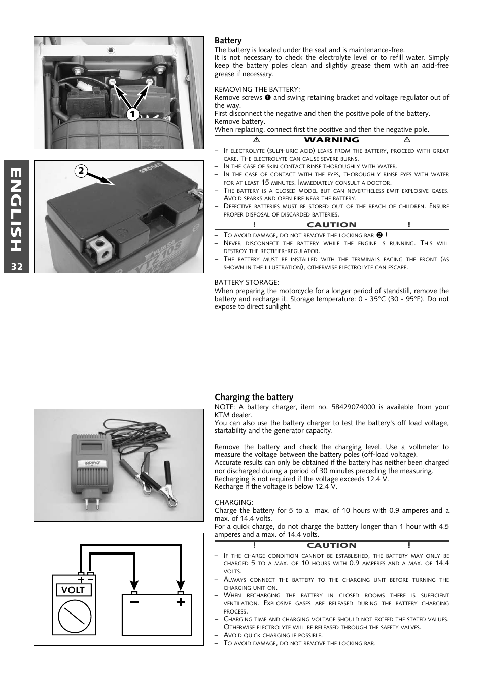 English, Volt 2 1, Battery | Charging the battery | KTM 640 LC4 ENDURO User Manual | Page 33 / 50