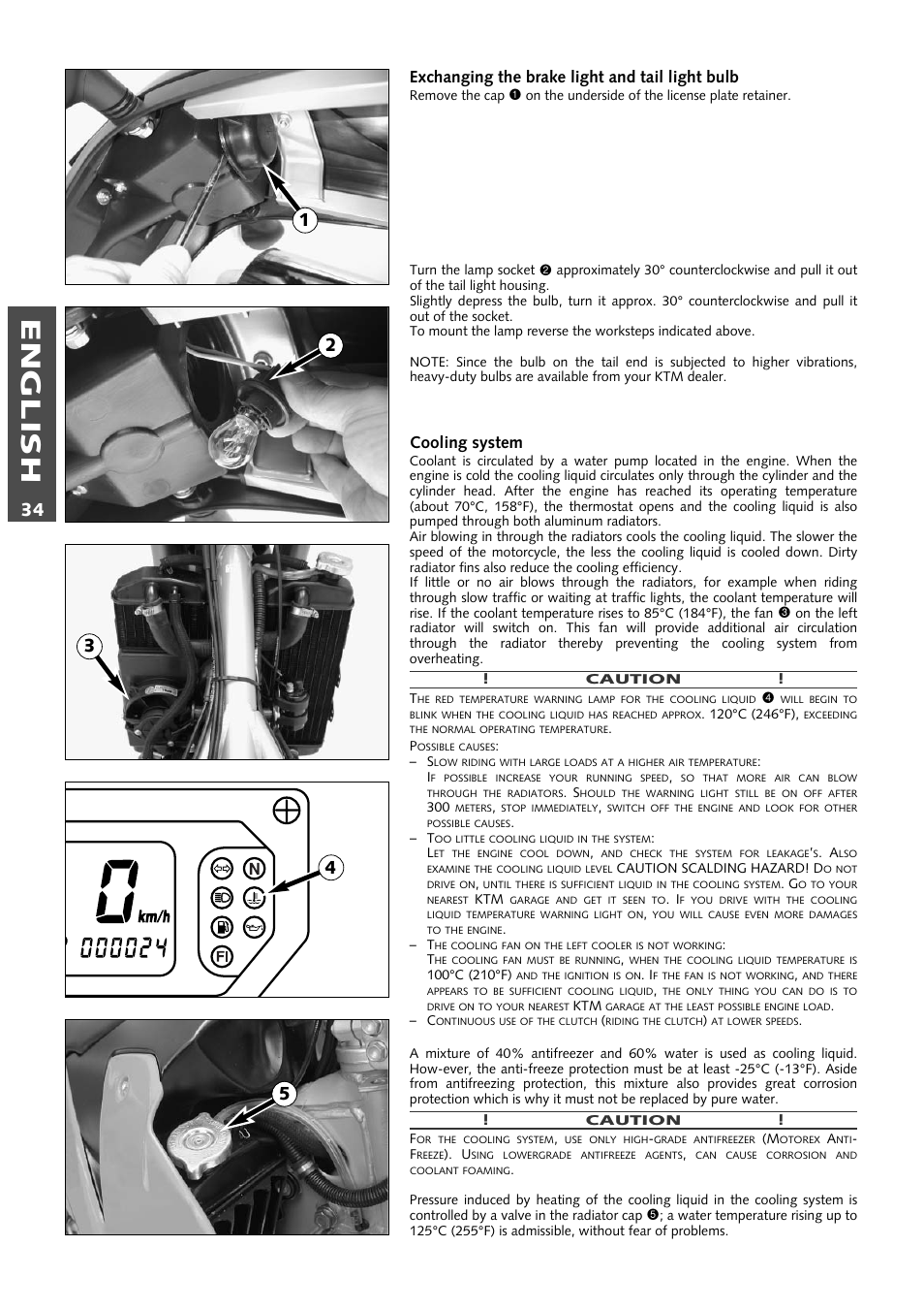 English, Exchanging the brake light and tail light bulb, Cooling system | KTM 640 LC4 ENDURO User Manual | Page 35 / 50