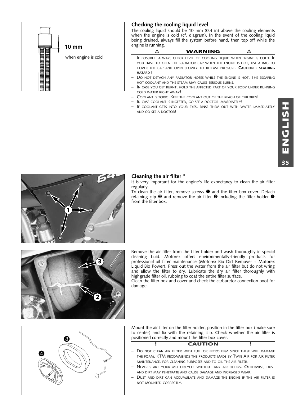 English, 10 mm, Checking the cooling liquid level | Cleaning the air filter | KTM 640 LC4 ENDURO User Manual | Page 36 / 50