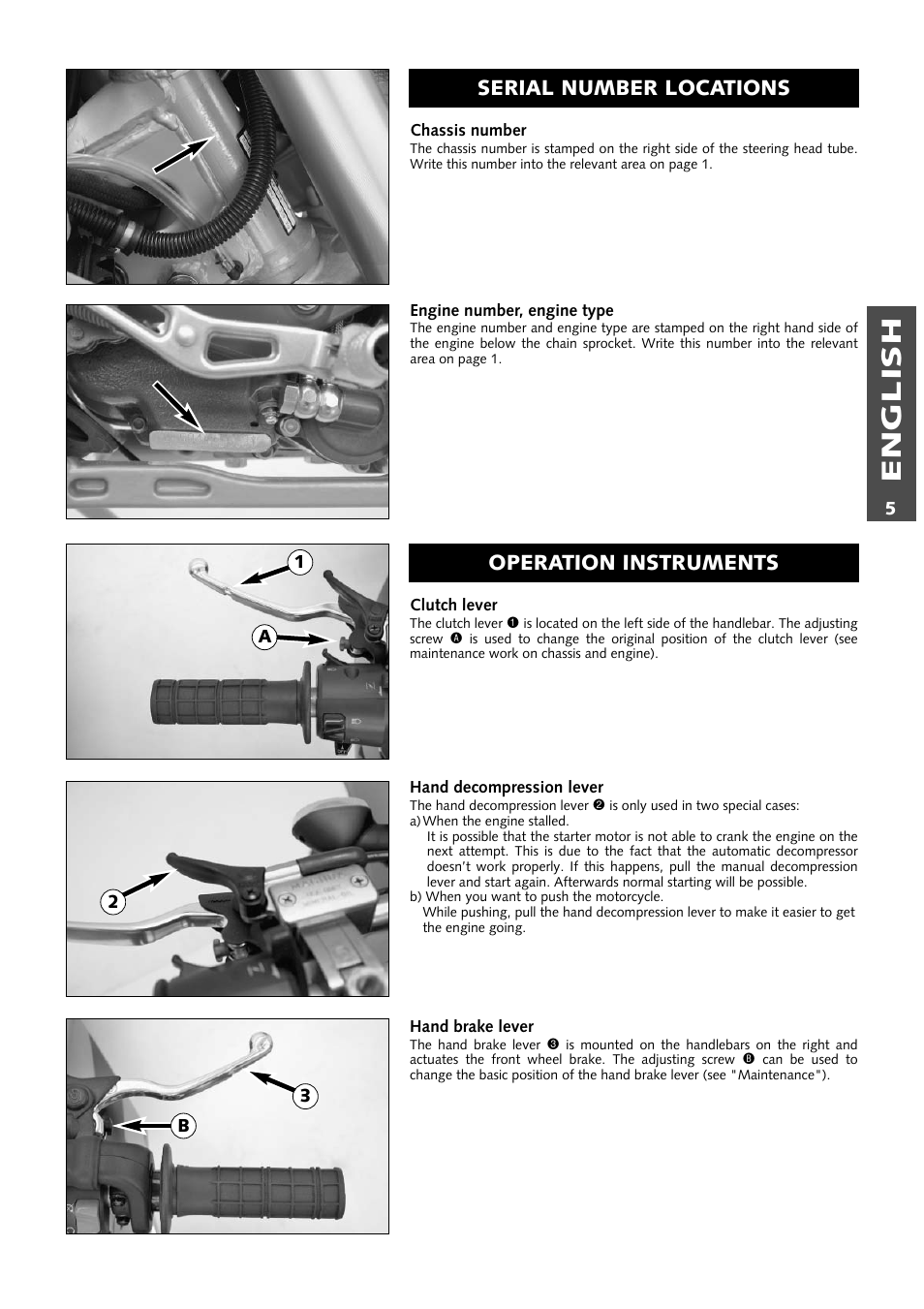 English, Serial number locations operation instruments | KTM 640 LC4 ENDURO User Manual | Page 6 / 50