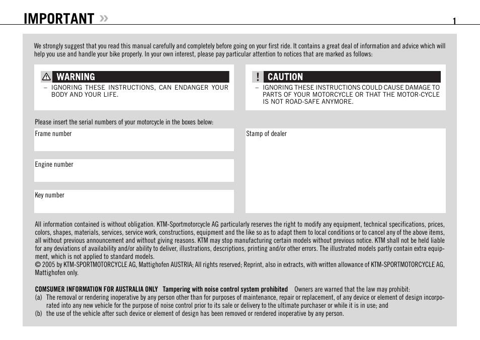 Important | KTM 990 SUPER DUKE User Manual | Page 2 / 90