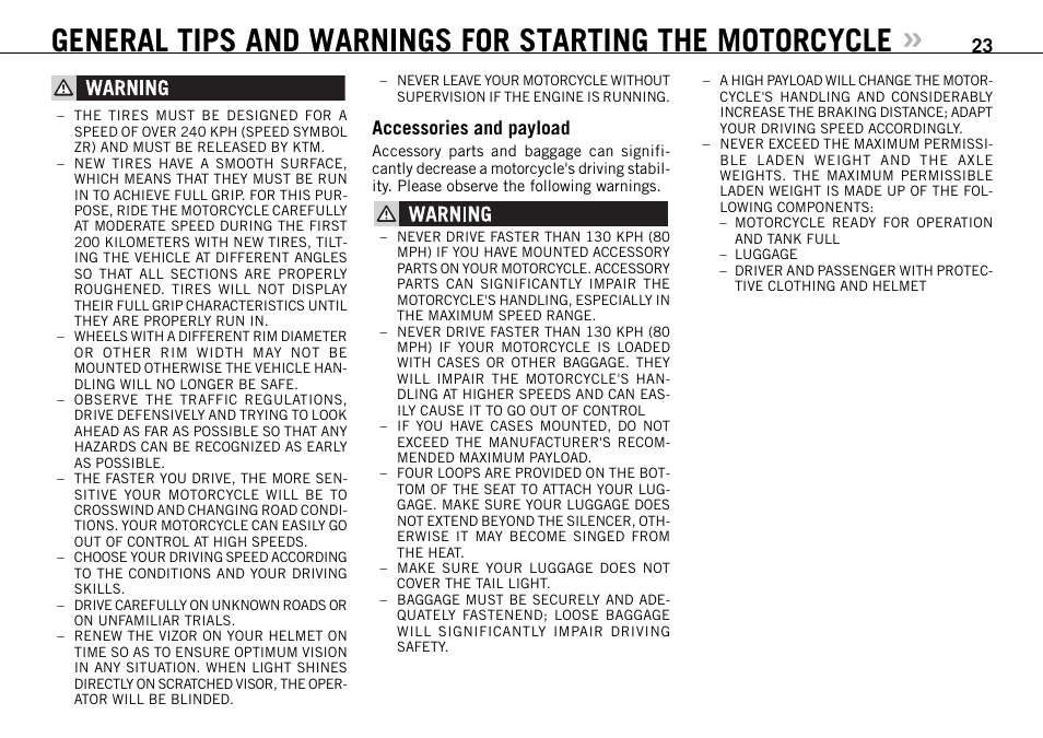 Accessories and payload | KTM 990 SUPER DUKE User Manual | Page 24 / 90