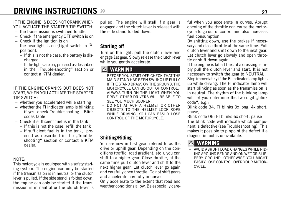Driving instructions | KTM 990 SUPER DUKE User Manual | Page 28 / 90