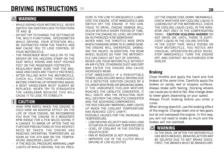 Driving instructions, Braking | KTM 990 SUPER DUKE User Manual | Page 29 / 90