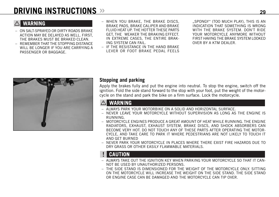 Driving instructions, Stopping and parking | KTM 990 SUPER DUKE User Manual | Page 30 / 90