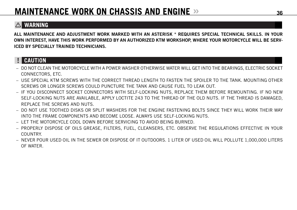 Maintenance work on chassis and engine | KTM 990 SUPER DUKE User Manual | Page 37 / 90