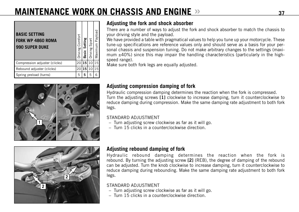 Maintenance work on chassis and engine | KTM 990 SUPER DUKE User Manual | Page 38 / 90
