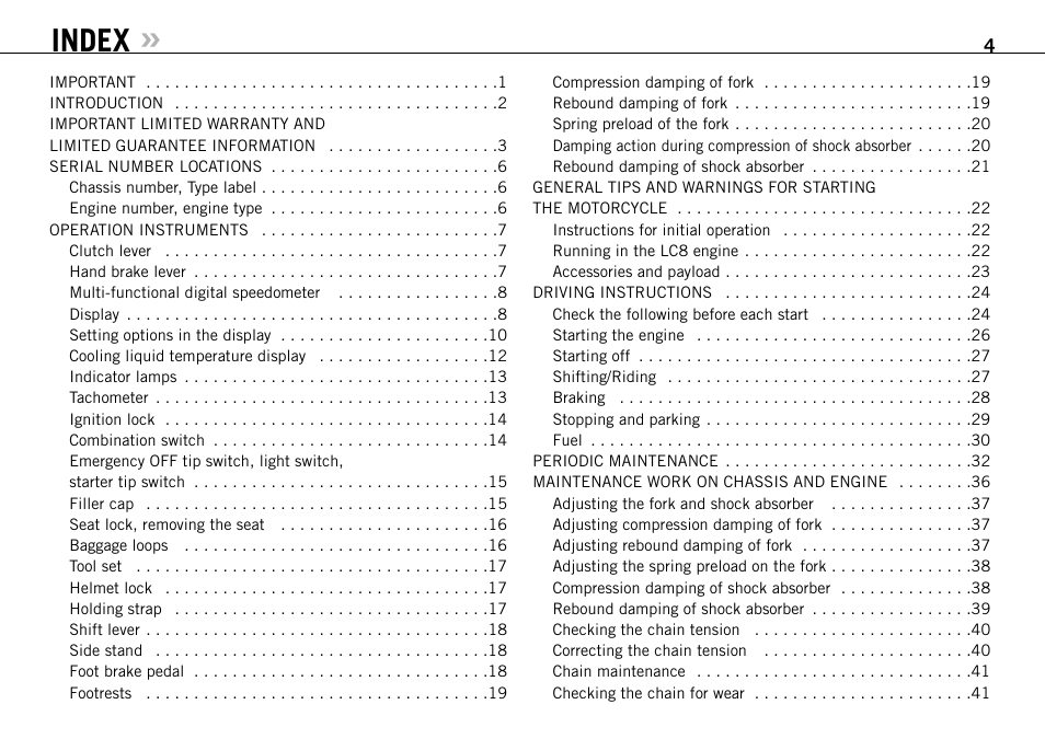 Index | KTM 990 SUPER DUKE User Manual | Page 5 / 90