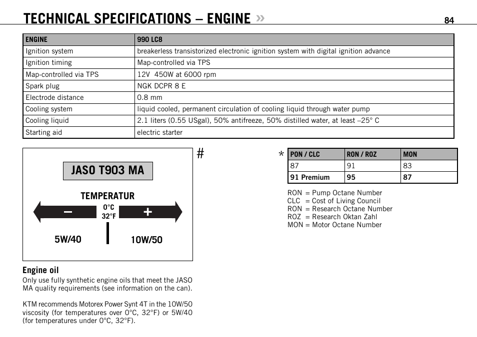 Technical specifications – engine, Jaso t903 ma | KTM 990 SUPER DUKE User Manual | Page 85 / 90