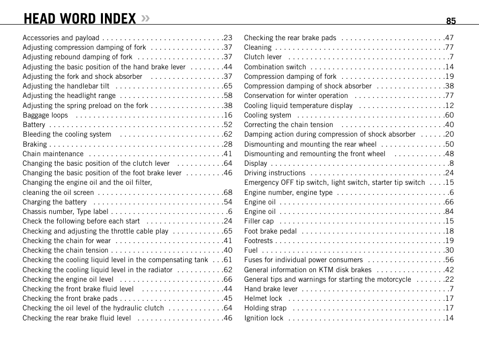 Head word index | KTM 990 SUPER DUKE User Manual | Page 86 / 90