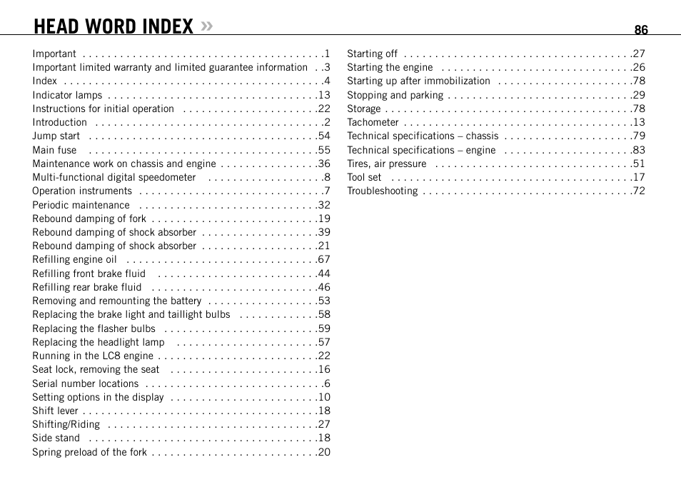 Head word index | KTM 990 SUPER DUKE User Manual | Page 87 / 90