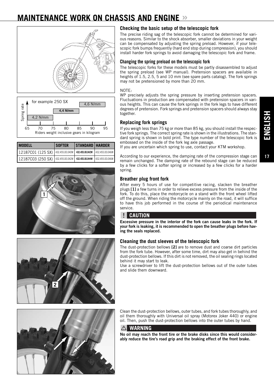 English, Maintenance work on chassis and engine | KTM 125 SX User Manual | Page 18 / 46