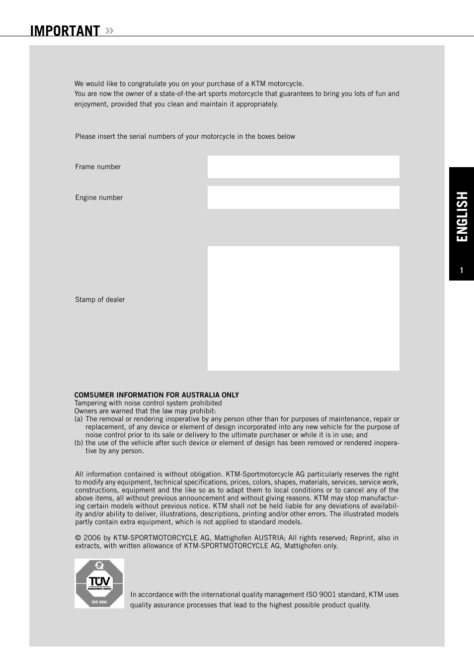 English, Important | KTM 125 SX User Manual | Page 2 / 46