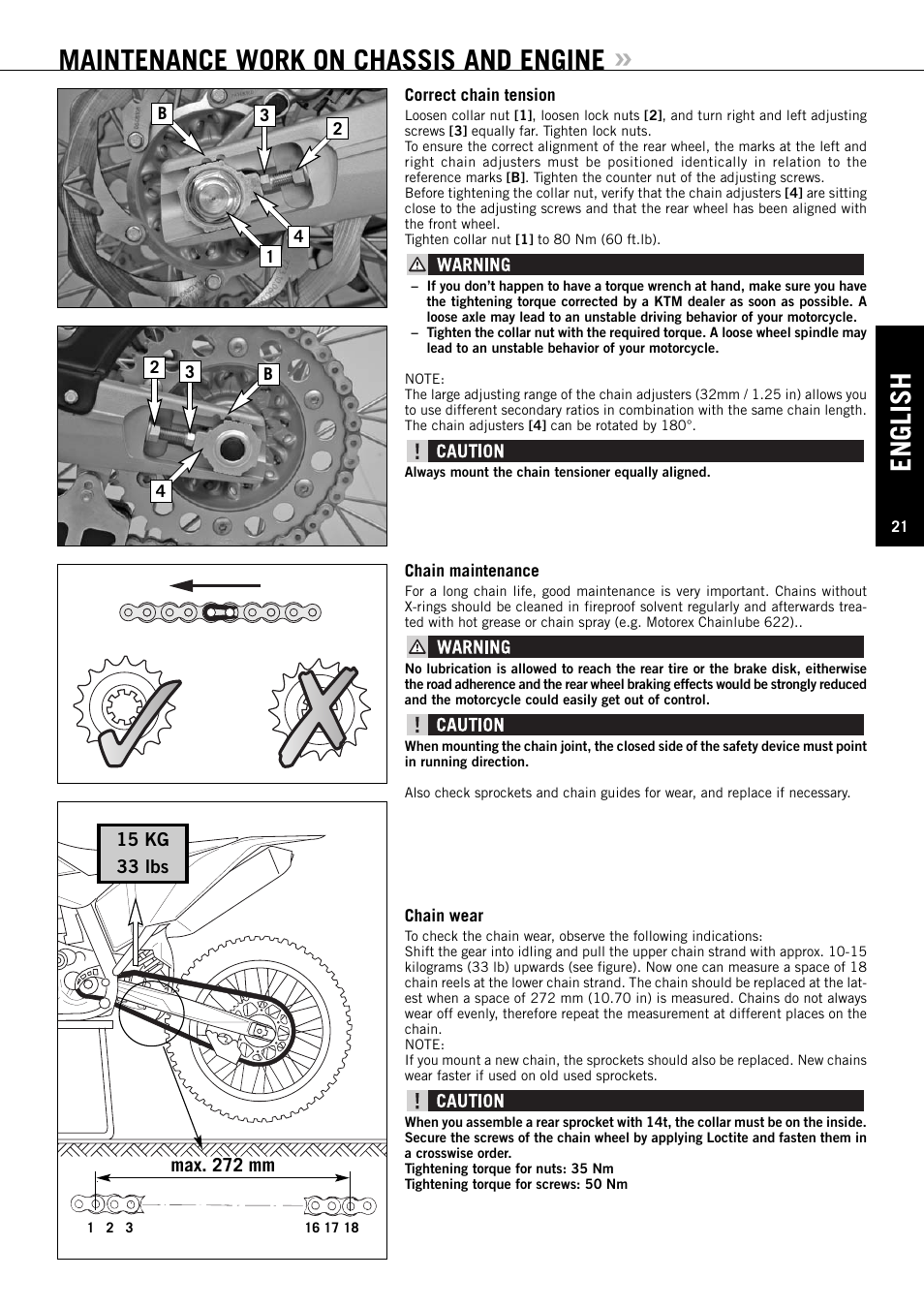 English, Maintenance work on chassis and engine | KTM 125 SX User Manual | Page 22 / 46