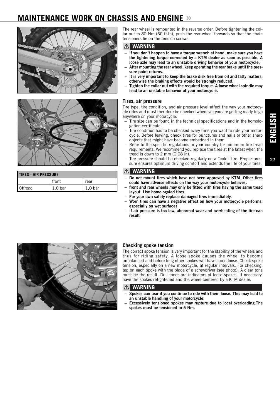 English, Maintenance work on chassis and engine | KTM 125 SX User Manual | Page 28 / 46