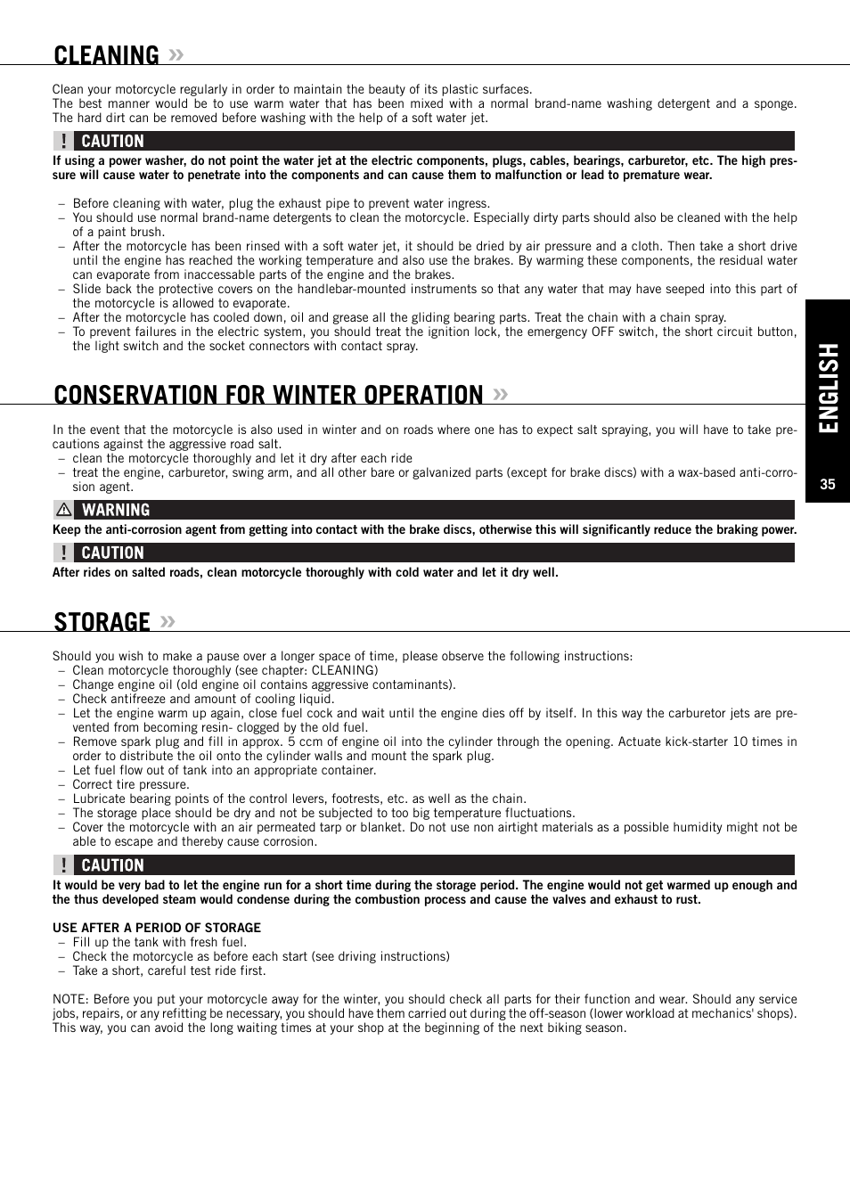 English, Cleaning, Conservation for winter operation | Storage | KTM 125 SX User Manual | Page 36 / 46