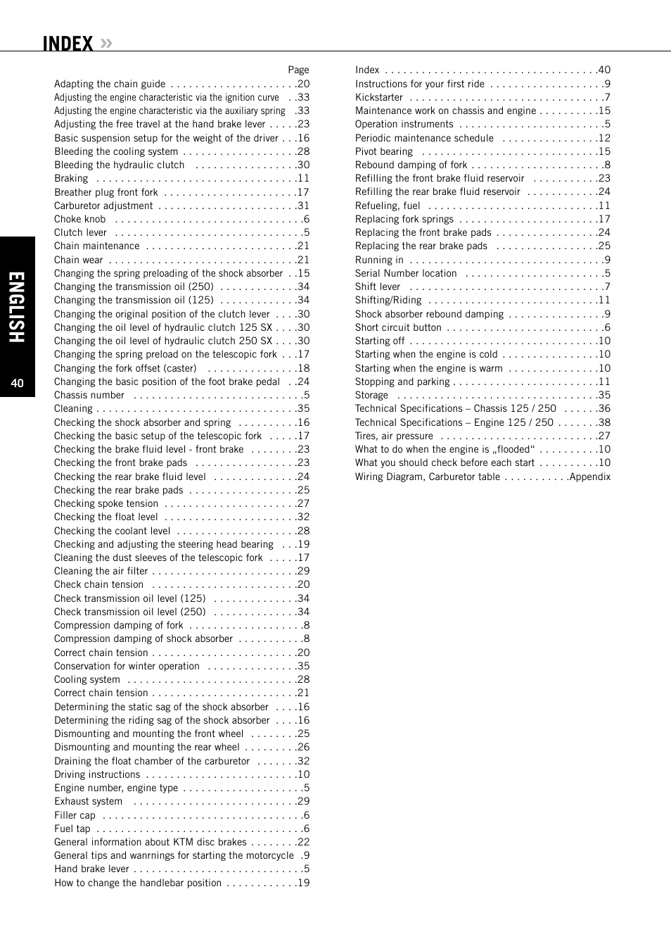 English, Index | KTM 125 SX User Manual | Page 41 / 46