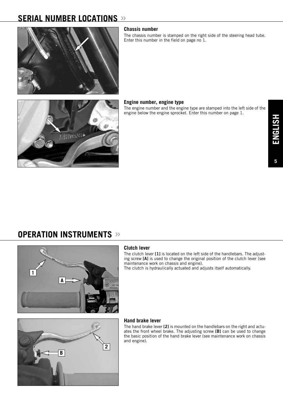 English, Serial number locations, Operation instruments | KTM 125 SX User Manual | Page 6 / 46