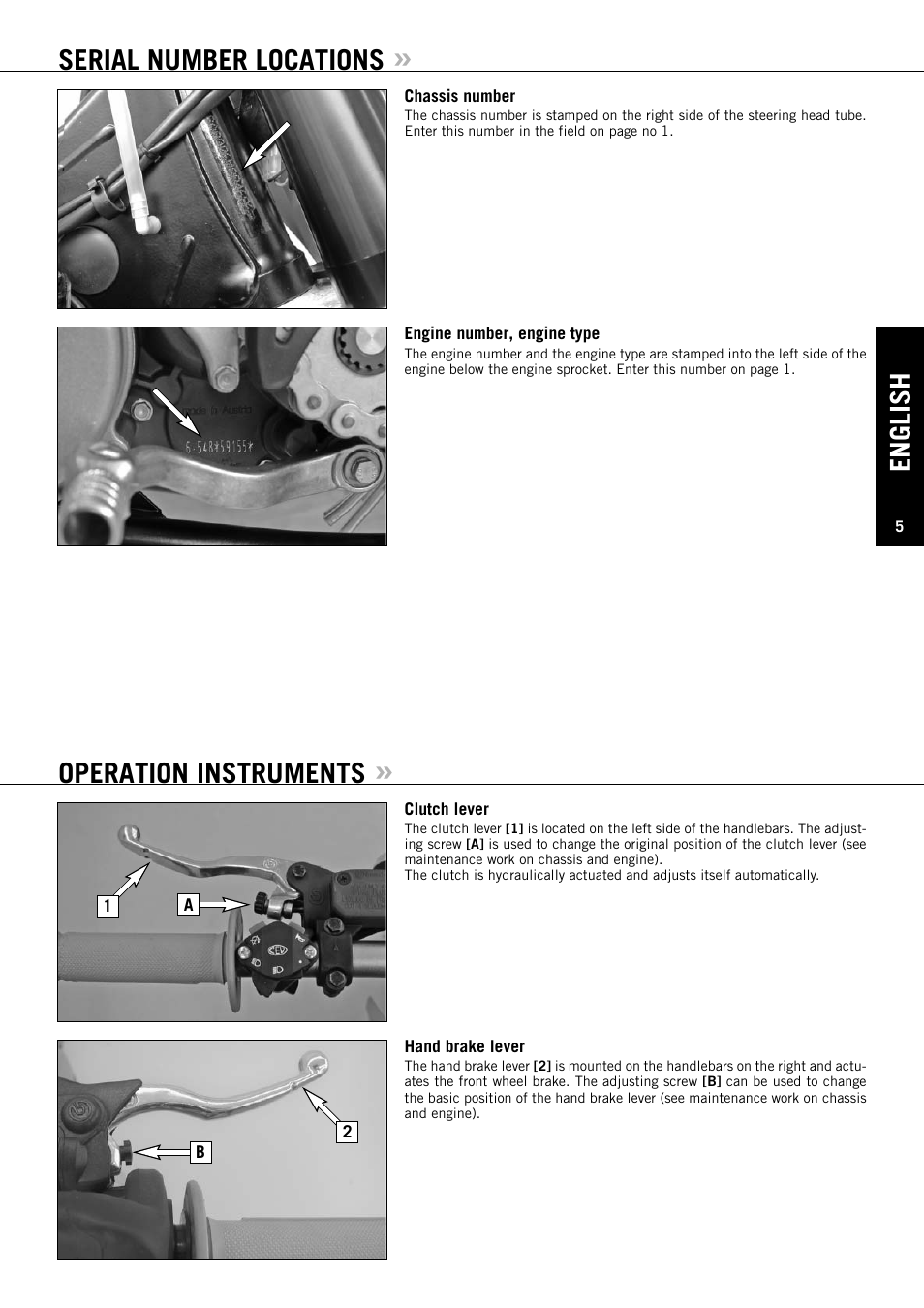 English, Serial number locations, Operation instruments | KTM XC-W 250 SX User Manual | Page 6 / 70