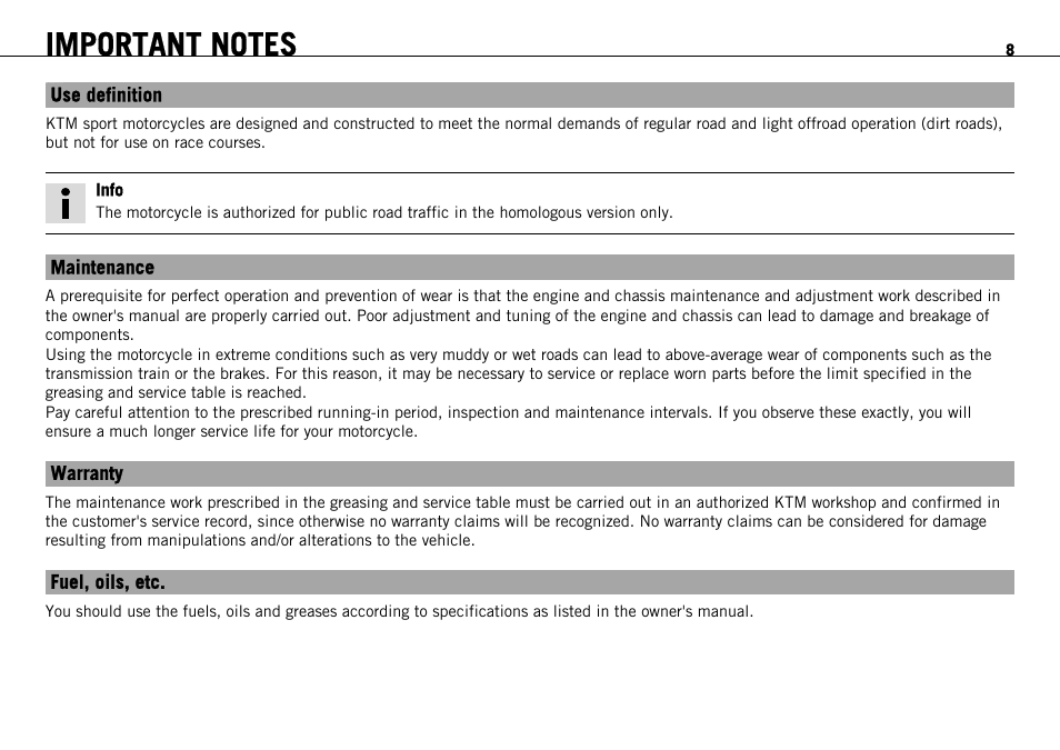 Important notes | KTM 690 ENDURO EU User Manual | Page 10 / 179